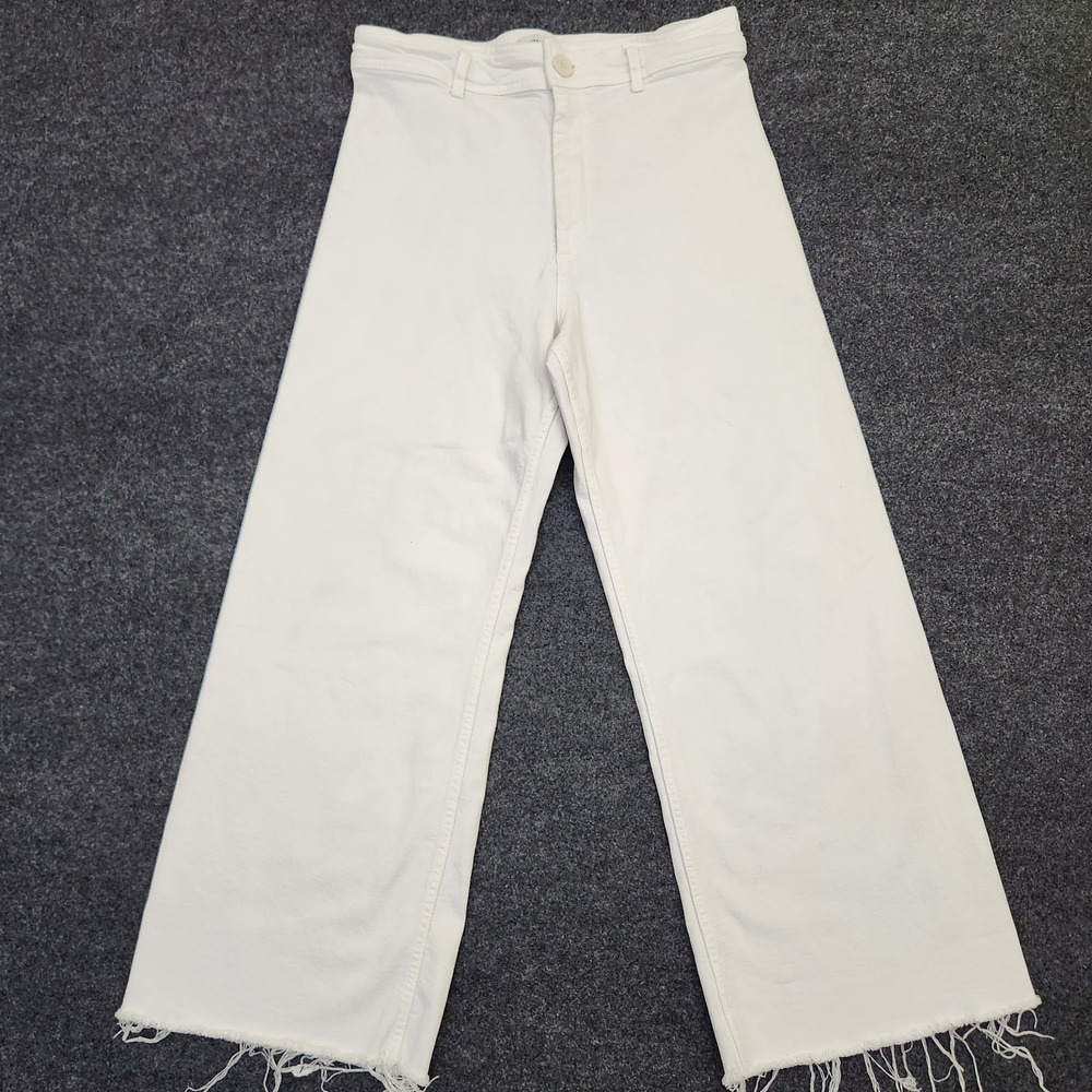 Zara Womens USA 12 White Wide Leg Denim Jeans Raw Frayed Hem Jean Pants